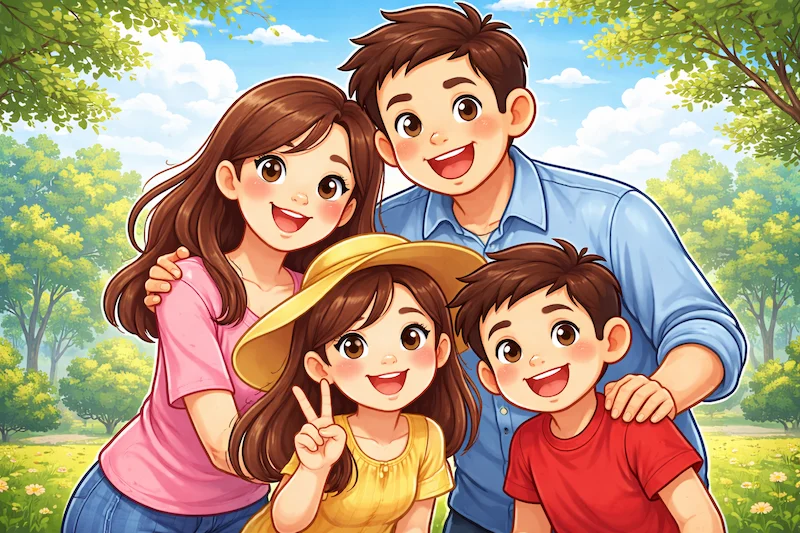 A happy cartoon family of four smiling together in a park, showing love, togetherness, and warmth.